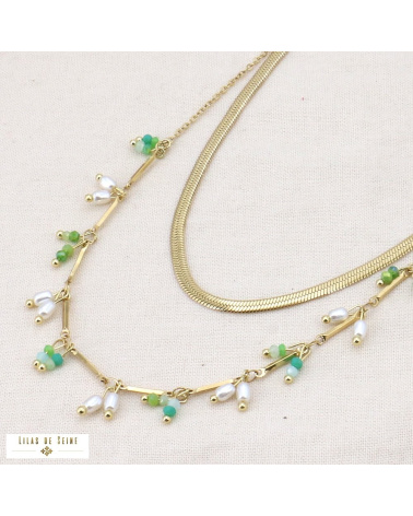 Collier double-rangs acier inoxydable cristal perles MAE vert