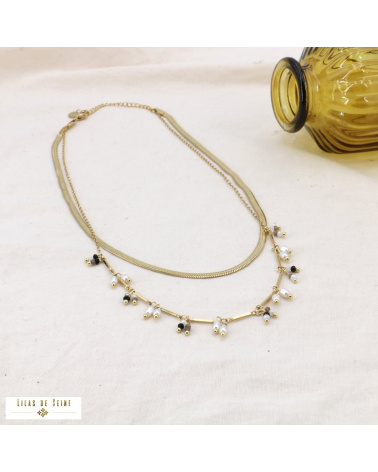 Collier double-rangs acier inoxydable cristal perles MAE noir/blanc