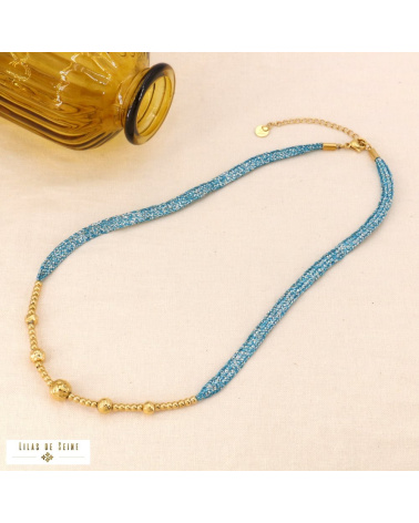 Collier cordon coloré métallisé bille martelée acier inoxydable KIARA bleu