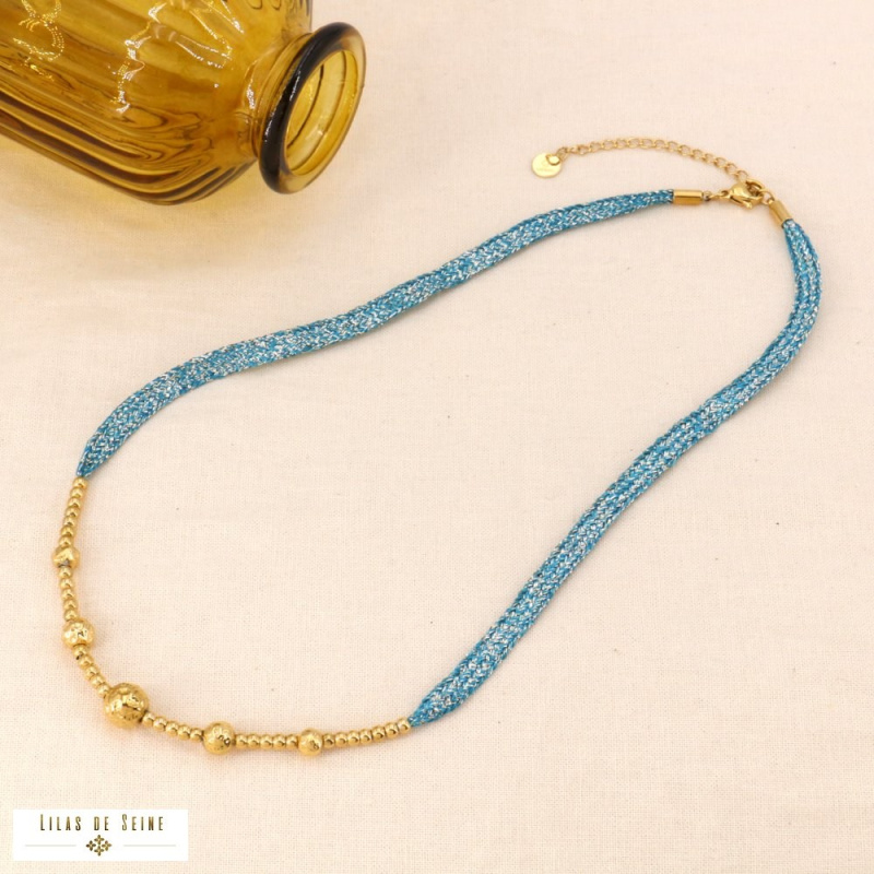 Collier cordon coloré métallisé bille martelée acier inoxydable KIARA bleu