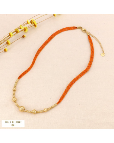 Collier cordon coloré métallisé bille martelée acier inoxydable KIARA orange