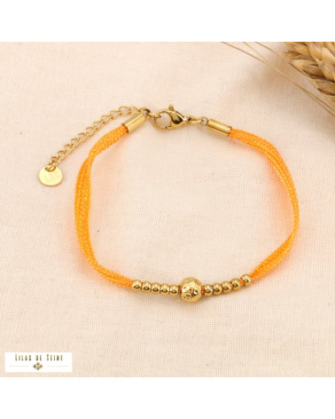 Bracelet cordon coloré métallisé bille martelée acier inoxydable KIARA orange