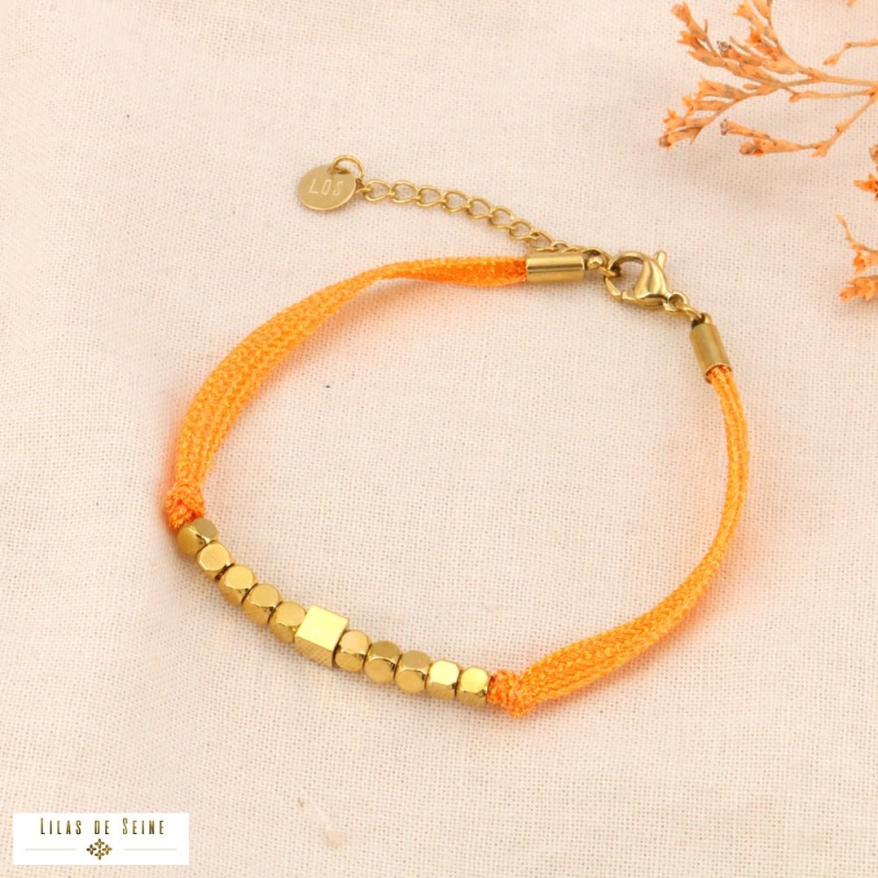 Bracelet cordon coloré métallisé cubes acier inoxydable LINE orange
