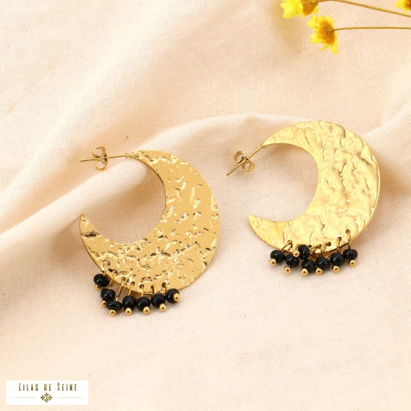 Boucles d'oreilles croissant de lune acier martelé antique ELINE noir