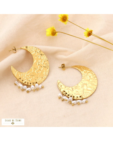 Boucles d'oreilles croissant de lune acier martelé antique ELINE blanc