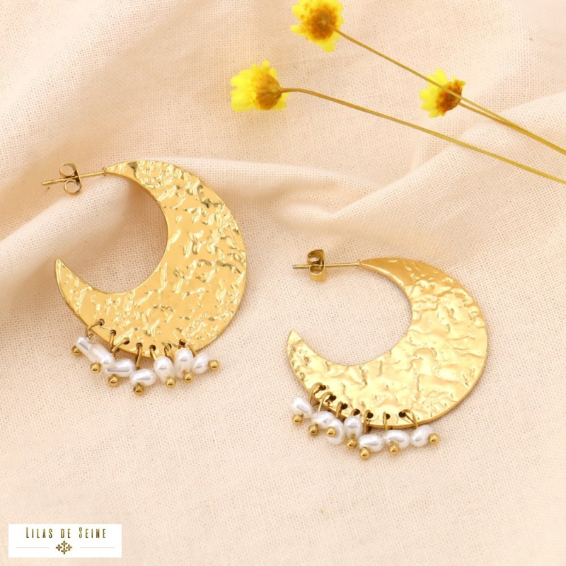 Boucles d'oreilles croissant de lune acier martelé antique ELINE blanc