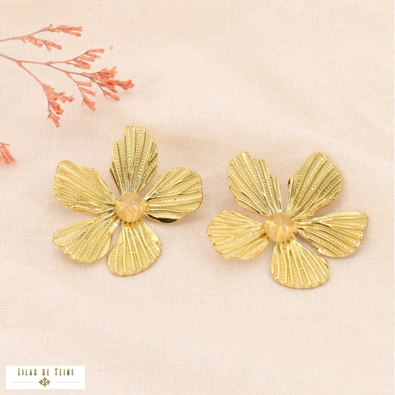 Boucles d'oreilles hibiscus en acier doré et pierres naturelles GUIDA naturel