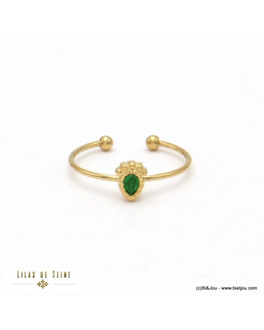 Bague minimaliste diadème acier inoxydable goutte strass THEA vert foncé