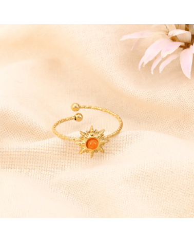 Bague minimaliste soleil acier inoxydable cabochon pierre LIZ orange