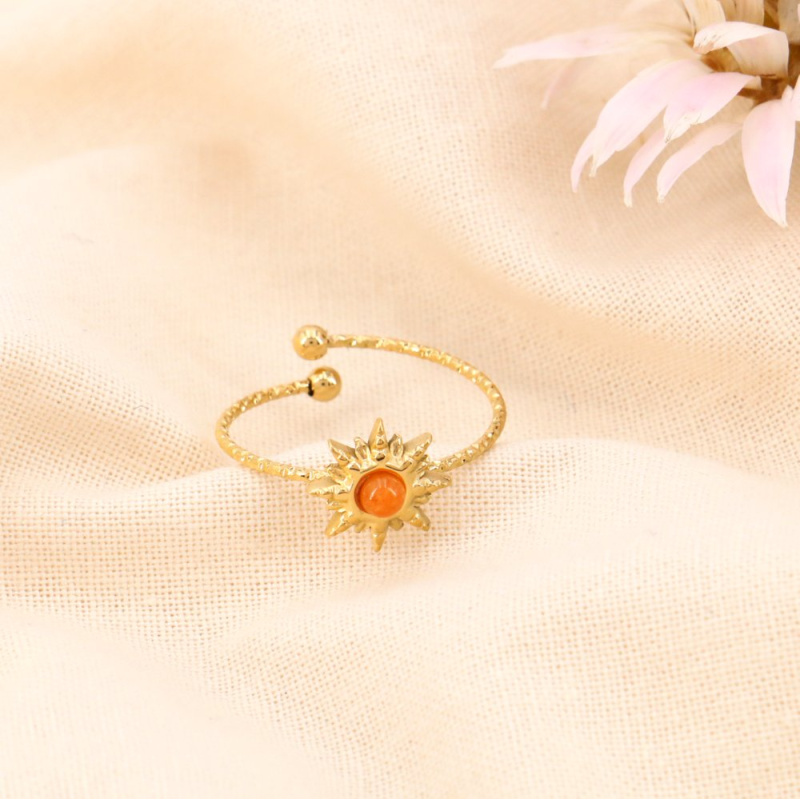 Bague minimaliste soleil acier inoxydable cabochon pierre LIZ orange