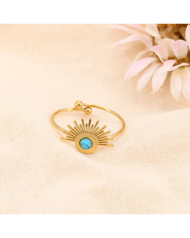 Bague minimaliste demi-soleil rayonnant acier cabochon pierre SUN bleu turquoise