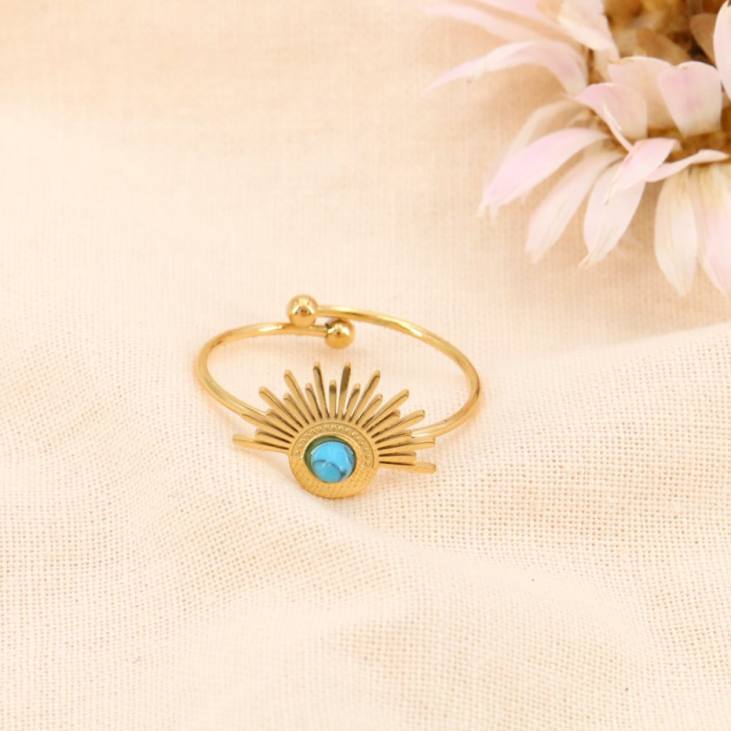 Bague minimaliste demi-soleil rayonnant acier cabochon pierre SUN bleu turquoise