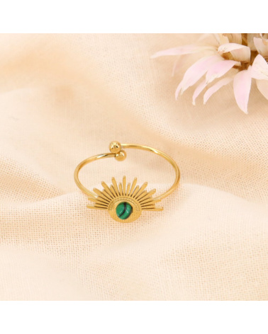 Bague minimaliste demi-soleil rayonnant acier cabochon pierre SUN vert foncé