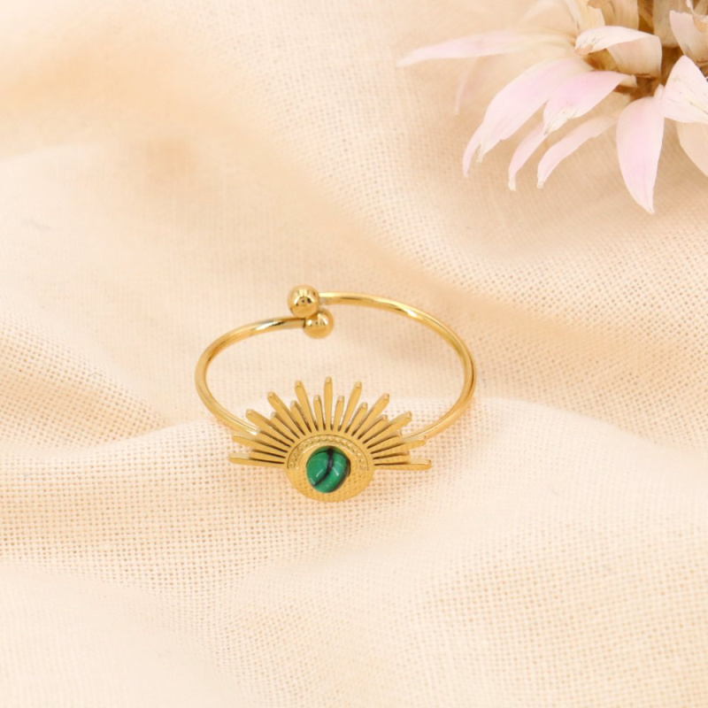 Bague minimaliste demi-soleil rayonnant acier cabochon pierre SUN vert foncé