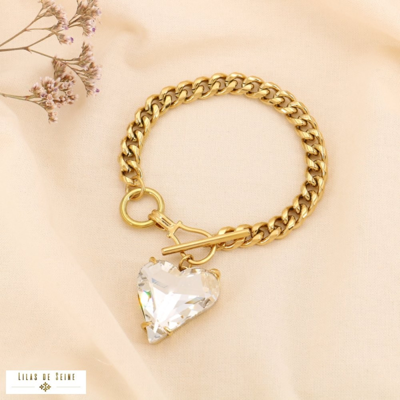 Bracelet chaîne acier gourmette pendentif coeur strass fermoir T LILY transparent