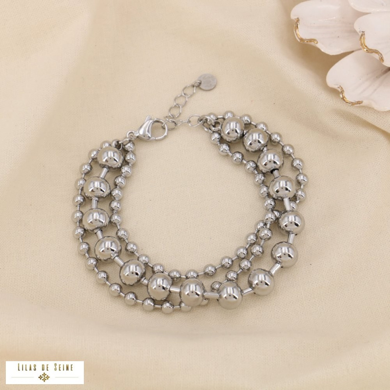 Bracelet triple rangs billes acier inoxydable SOPHIE argenté