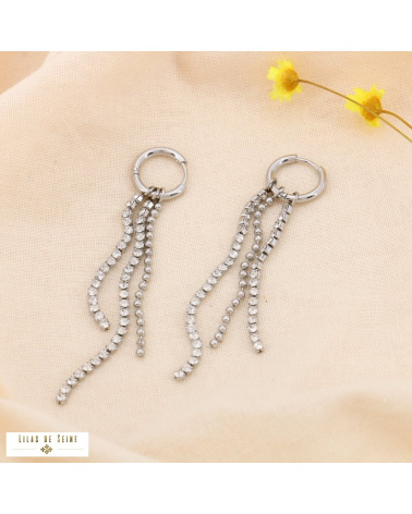 Boucles d’oreilles longues avec chaînettes en acier et strass JANNE argenté