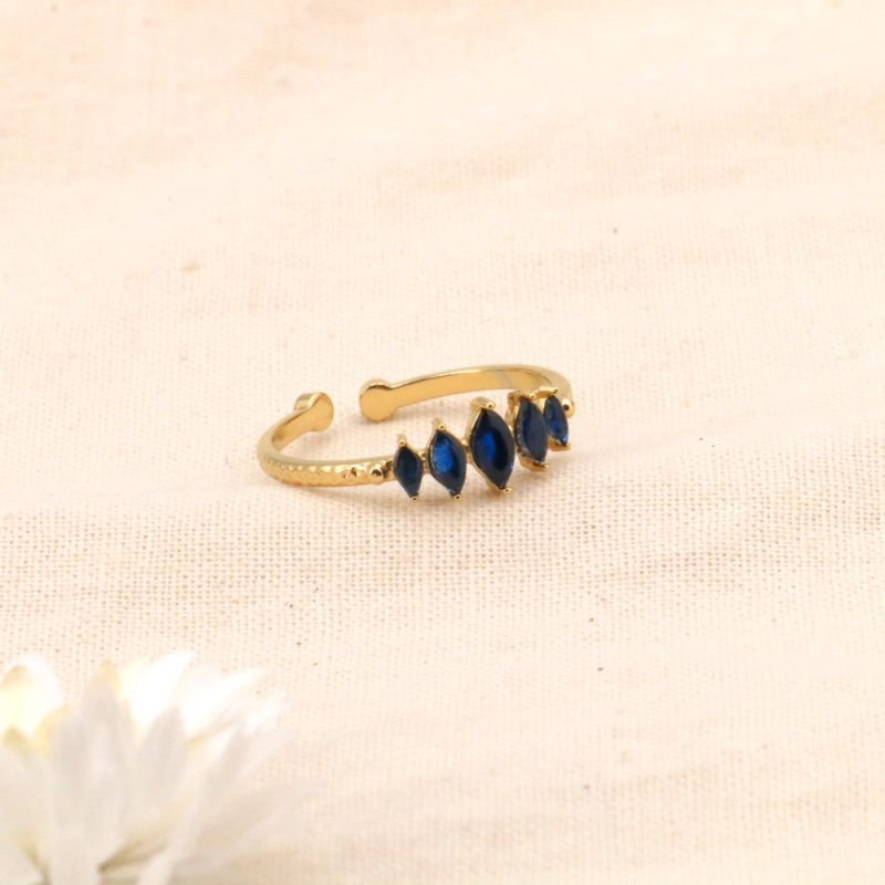 Bague fine acier inoxydable navettes strass LOUISE bleu marine