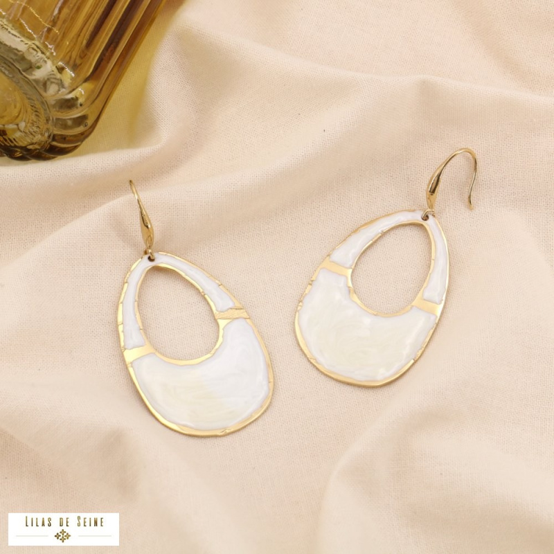 Boucles d’Oreille Pendantes Goutte Acier Email ANAÏS naturel/beige