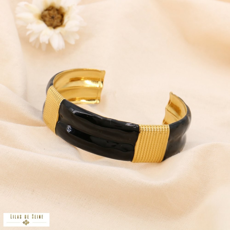 Bracelet Manchette Acier Email ELISE noir