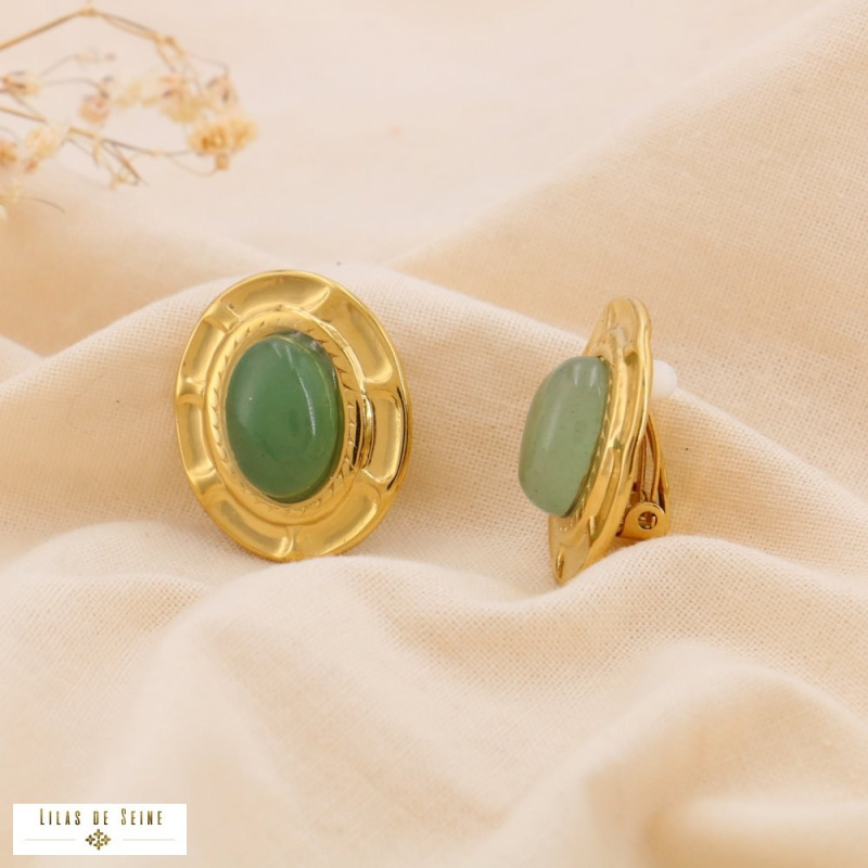 Boucles d’Oreille Clip Ovale Acier Pierre ou Nacre LINA vert