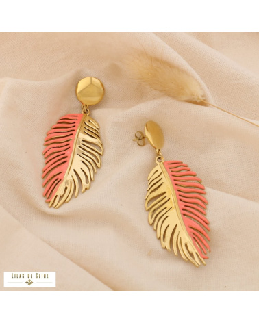 Boucles d’Oreille Plume en Acier Inoxydable et Émail NOA rose nude