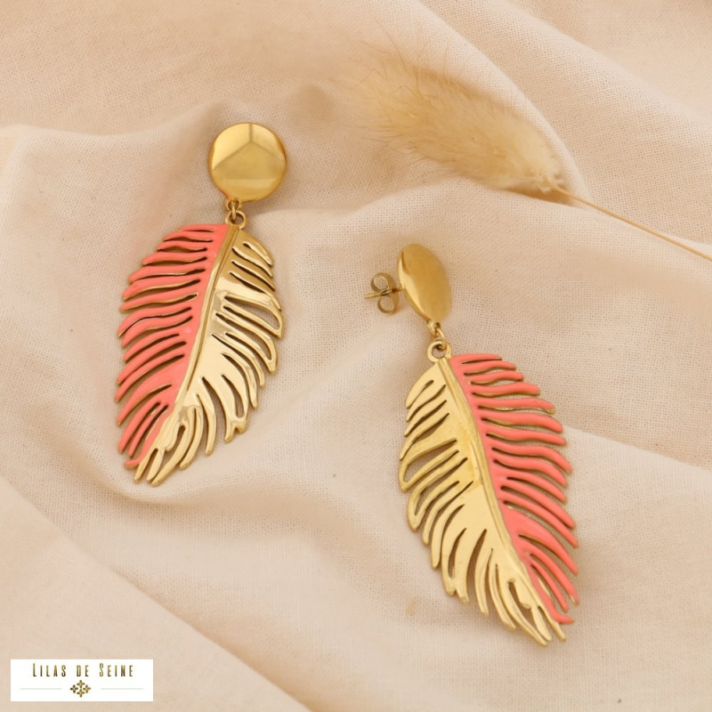 Boucles d’Oreille Plume en Acier Inoxydable et Émail NOA rose nude