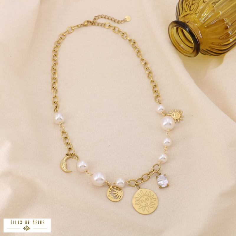 Collier Médailles Astres & Perles en Acier Inoxydable DAPHNE blanc