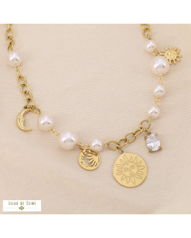Collier Médailles Astres & Perles en Acier Inoxydable DAPHNE blanc