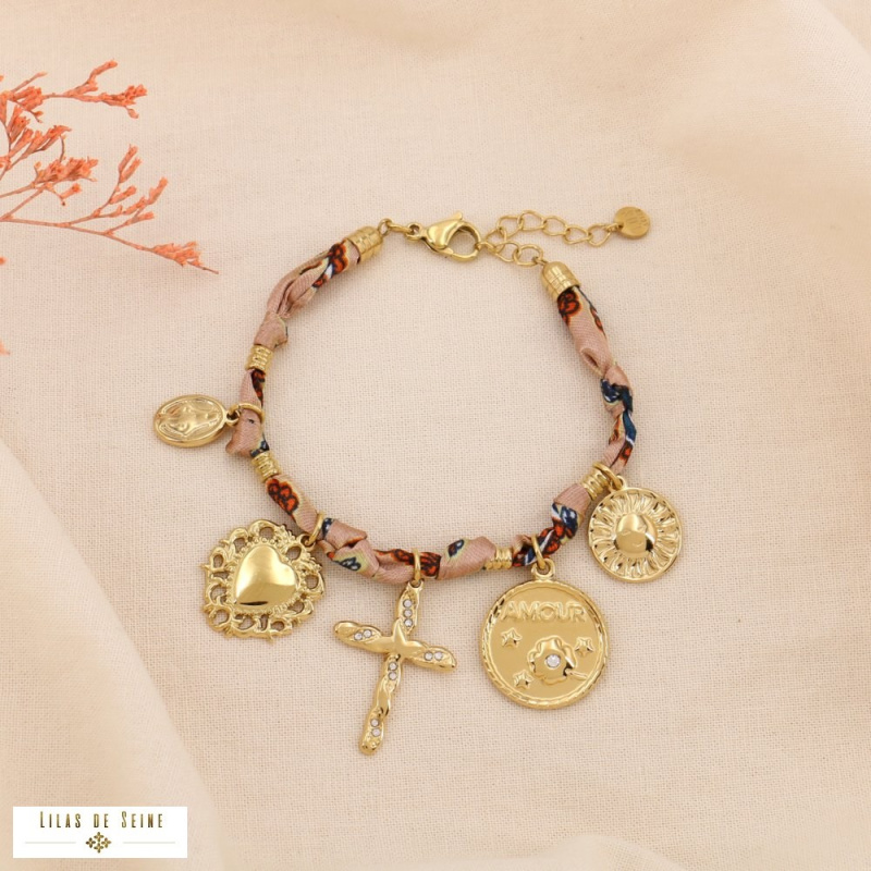 Bracelet foulard et breloques dorées TESS rose nude