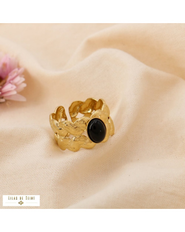 Bague dorée en acier inoxydable & cabochon naturel ROSALIE noir