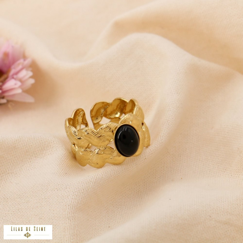 Bague dorée en acier inoxydable & cabochon naturel ROSALIE noir