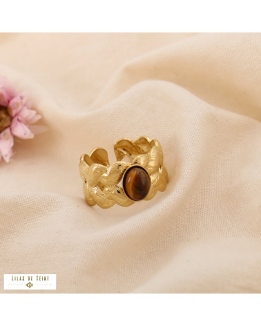 Bague dorée en acier inoxydable & cabochon naturel ROSALIE marron