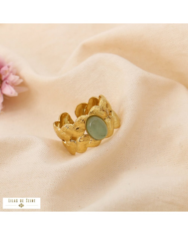 Bague dorée en acier inoxydable & cabochon naturel ROSALIE vert