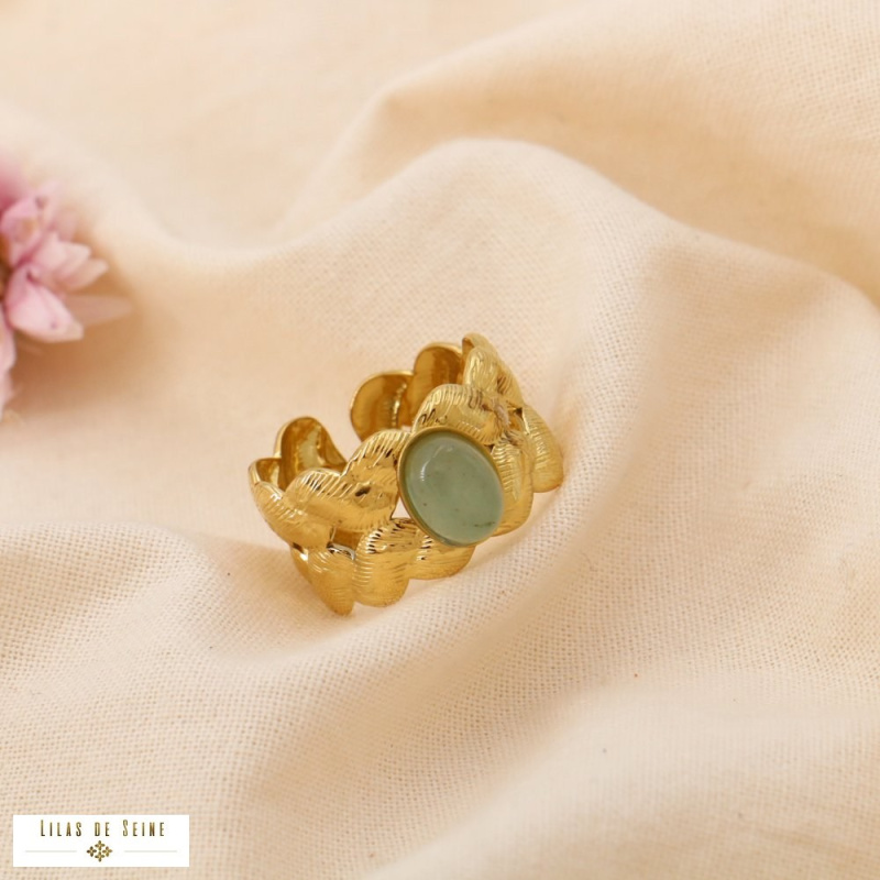 Bague dorée en acier inoxydable & cabochon naturel ROSALIE vert