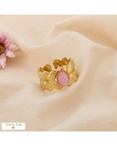 Bague dorée en acier inoxydable & cabochon naturel ROSALIE rose clair