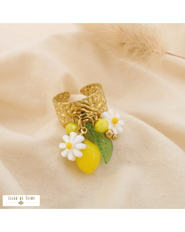 Bague Ouverte Citron & Marguerites 🍋🌼 – Collection Tutti Frutti jaune