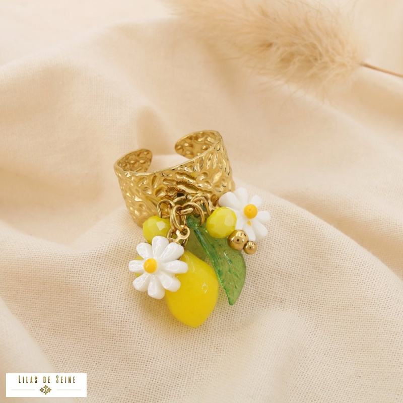 Bague Ouverte Citron & Marguerites 🍋🌼 – Collection Tutti Frutti jaune