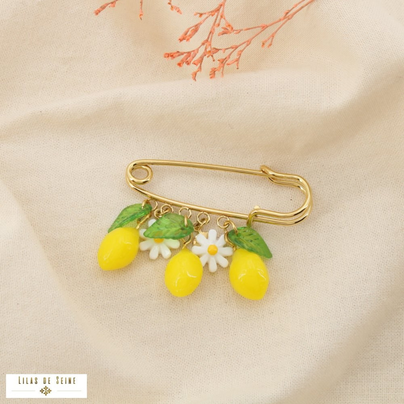 Broche Épingle Citron & Marguerites 🍋🌼 – Collection Tutti Frutti jaune