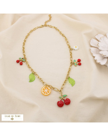 Collier charmes fruits en acier inoxydable CHERRY II - Collection Tutti Frutti 🍒🍊🌼 rouge