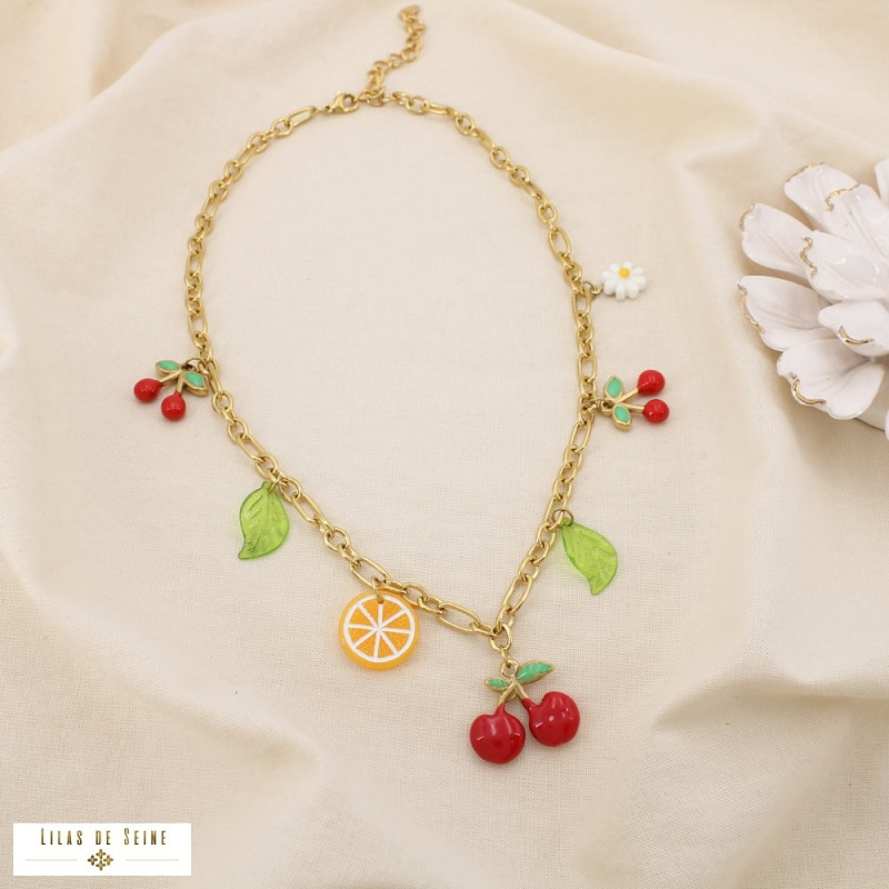Collier charmes fruits en acier inoxydable CHERRY II - Collection Tutti Frutti 🍒🍊🌼 rouge