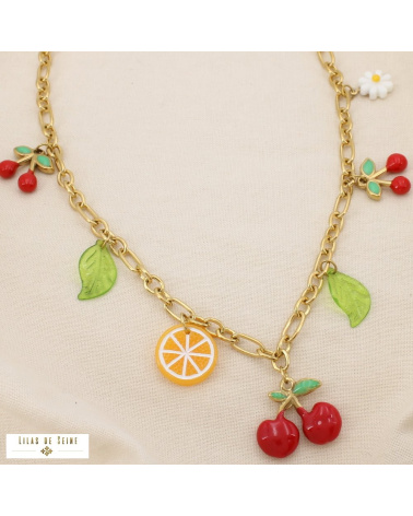 Collier charmes fruits en acier inoxydable CHERRY II - Collection Tutti Frutti 🍒🍊🌼 rouge