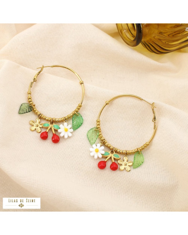 Boucles d’oreilles créoles fruits & fleurs CHERRY II - Collection Tutti Frutti 🌼🍒 rouge