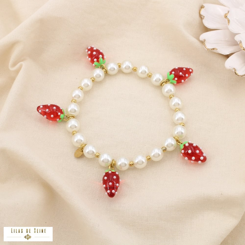 Bracelet élastique fraises & perles FRAISE - Collection Tutti Frutti 🍓✨ rouge