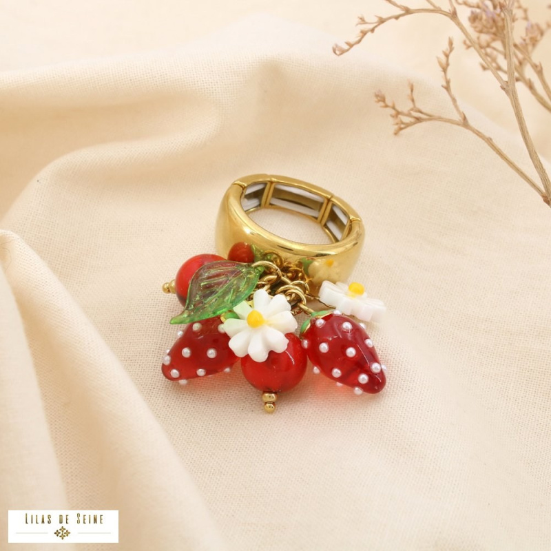Bague élastique fraises & fleurs FRAISE - Collection Tutti Frutti 🍓🌼 rouge