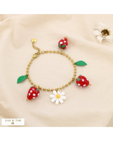 Bracelet fraises & marguerites en acier inoxydable FRAISE - Collection Tutti Frutti 🍓🌼 rouge