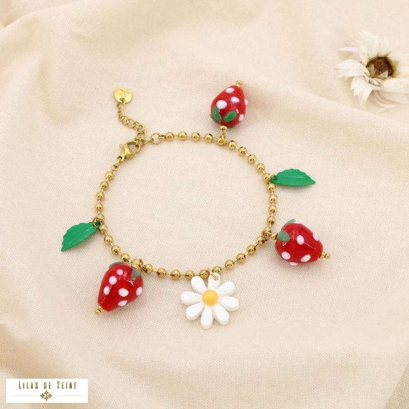 Bracelet fraises & marguerites en acier inoxydable FRAISE - Collection Tutti Frutti 🍓🌼 rouge