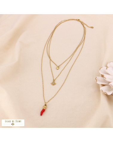 Collier multi-rangs piment & talismans CHILLI - Collection Tutti Frutti 🌶️✨ rouge