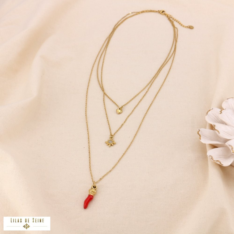 Collier multi-rangs piment & talismans CHILLI - Collection Tutti Frutti 🌶️✨ rouge