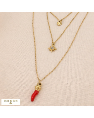 Collier multi-rangs piment & talismans CHILLI - Collection Tutti Frutti 🌶️✨ rouge